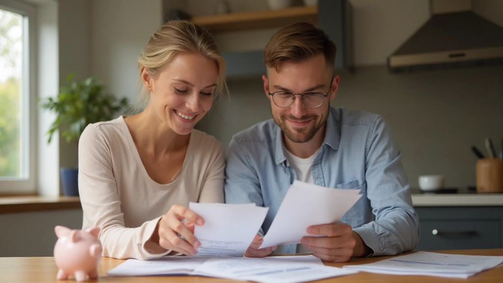 Couple reviewing savings plan with financial documents and piggy bank