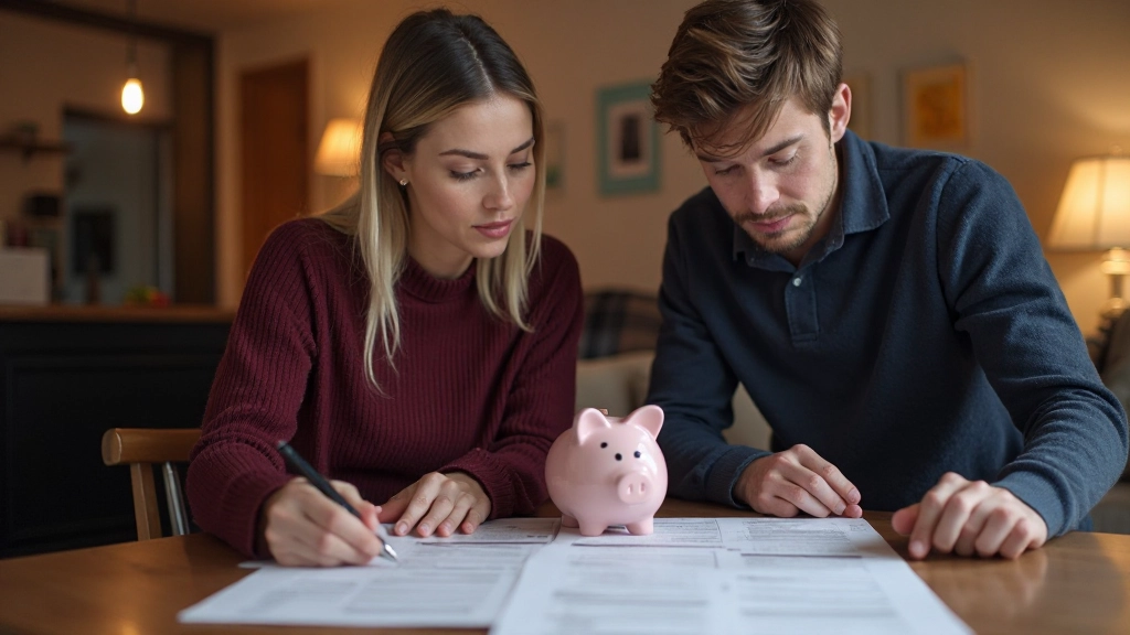 Koppel besprekende spaarplan met financiële documenten en spaarpot