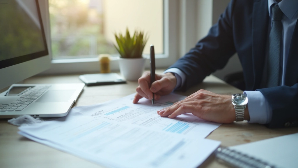 Professionele financiële planning werkplek met laptop, calculator en beleggingsgrafieken
