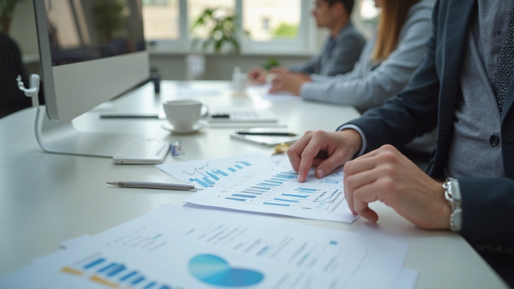 Professionele financiële planner werkt aan budgetplan met grafische analysecharts, twee handen zichtbaar aan bureauwerking met financiële documenten