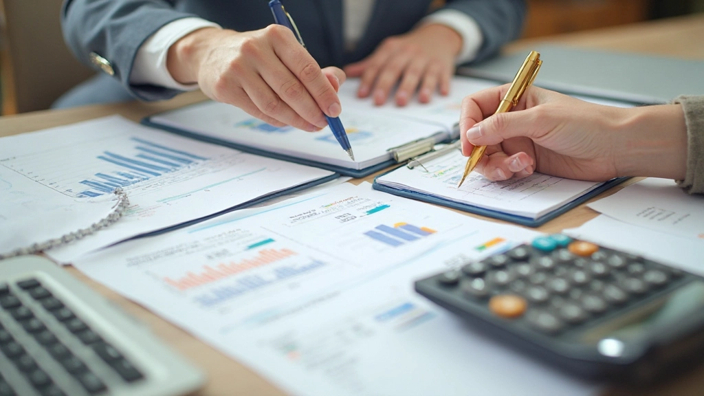 Professioneel bureau met laptop, notitieboek, calculator en spaarkaart, natuurlijk kantoorlichting, bovenaanzicht, geen tekst zichtbaar