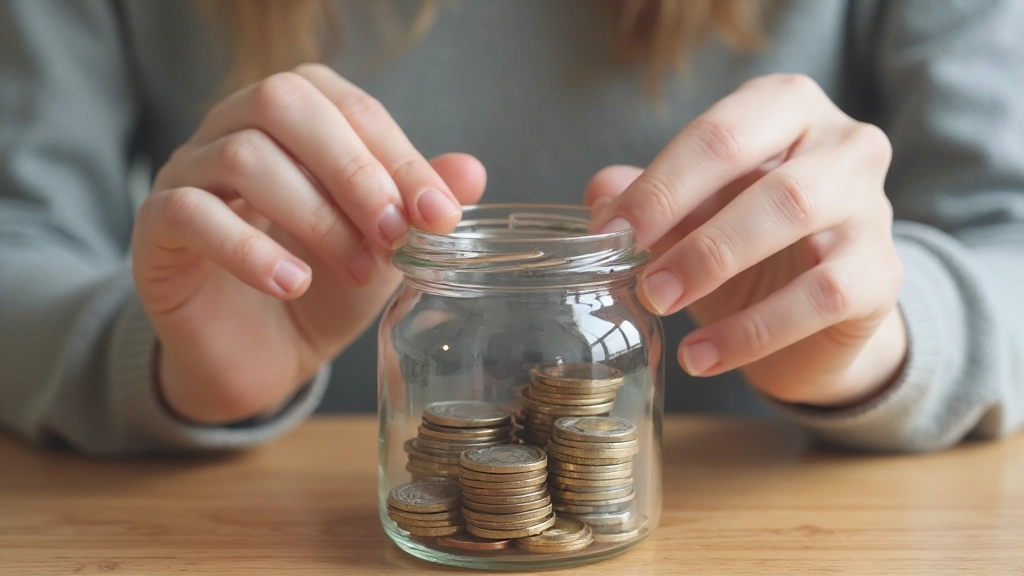 Spaarpot met munten en bankbiljetten, grafische weergave van financiële groei en besparing, twee handen toonden spaarvoortgang