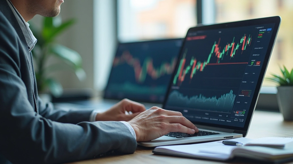 Professionele beleggingsadviseur met twee handen zichtbaar analyserende aandelengrafieken op computermonitor in modern kantoor