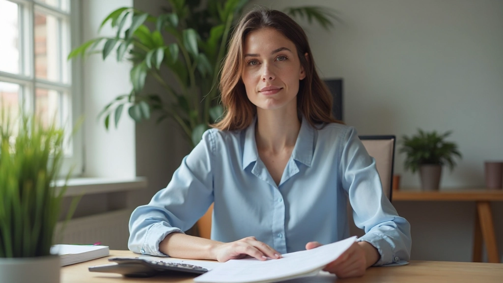 Vrouw met notebook en rekenmachine aan thuisbureau voor budgetplanning