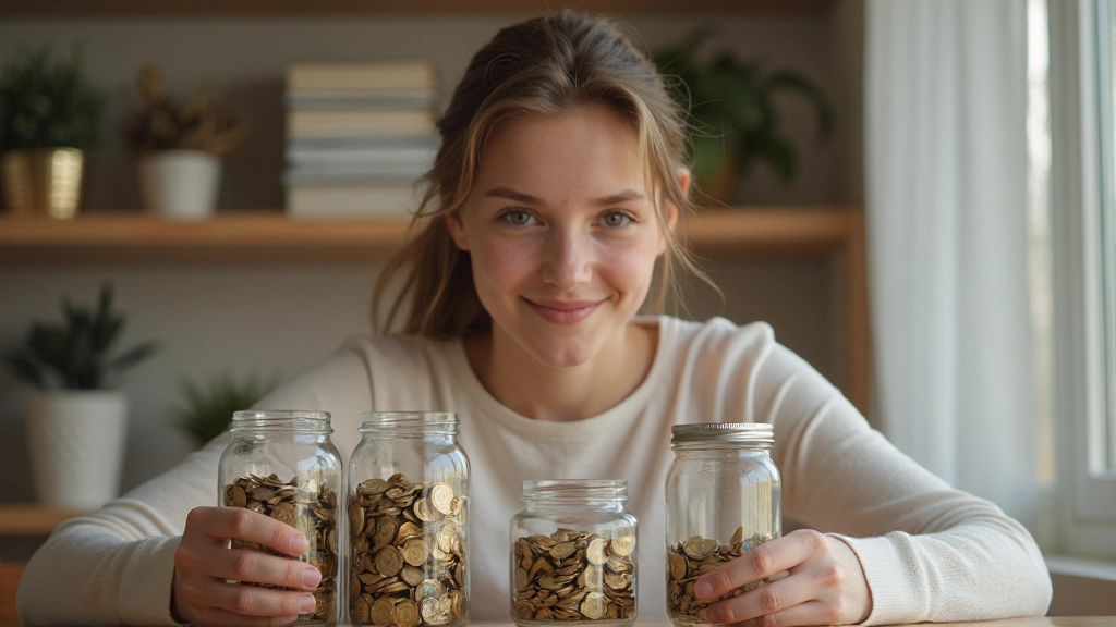 Young professional building emergency fund with savings jar collection